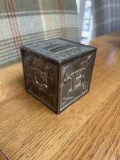 Vintage Silver Plated ABC Cube Piggy Bank With ABCD Sides And Pictures.