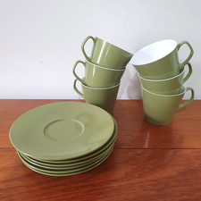 Vintage Retro Green Melaware Set 6 Cups 6 Saucers Camper Caravan Camping Picnic