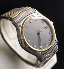 Mens Genuine Ebel Classic Wave 18k Gold Grey Diamond Dial 183903 Swiss Sapphire
