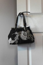 KAREN MILLEN, evening bag, black taffeta with cream embroidery, silver hardware