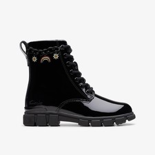 Clarks Girls Evyn Charm Kid Black Patent Lace Up,Ankle Boots Leather Casual