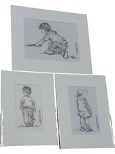 Set of Three Hand-Drawn Child Sketches Mounted Art Pencil Drawings Signed PPWH