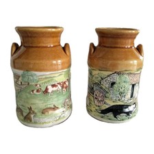 2 x Presingoll Pottery Milk Churn Vases Cornwall Rural Farm Scenes - J W Bradley