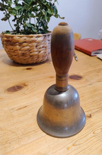 VINTAGE SOLID BRASS SCHOOL BELL WITH WOODEN HANDLE 7" TALL