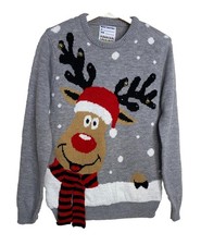 Primark Christmas Jumper Small S Reindeer Grey Bells Ugly Noisy Knitted 18" PTP