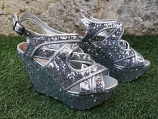 New ~ Koi Couture ~ Silver Sequin Glitter Sparkle Wedge High Heel Shoes ~ UK 6