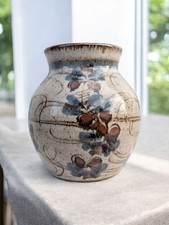 Vintage Studio Art Pottery Vase Tonala Mexico MCM Retro Ceramic Floral Design