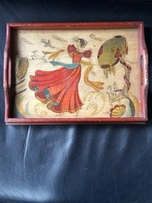 Vintage Wooden Serving Tray With Under-Glass Folk Art Print – Woman Dancer 