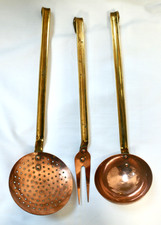 Set Of 3 Quality Hanging Brass & Copper Kitchen Utensils, Ladle, Strainer & Fork