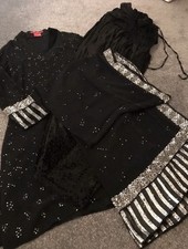 S/M New Velvet Fabric Sequin Black Patiala Salwar Kameez With Dupatta Party Wear