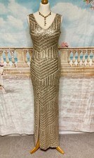 Quiz Maxi Dress 8 Gold Sequin Evening Bodycon Prom Long Stretch Gatsby Deco Geo