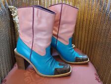 Vintage 90s Faith Pink & Turquoise Calf Length Cowboy Boots Snakeskin Toe Size 4