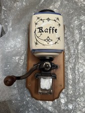 Vintage wall mounted coffee grinder, blue & White,  Pottery,  Swiss origin? 