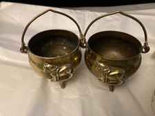 2 Brass mini cauldrons embossed  Suffolk punch horse, trinkets, table decoration