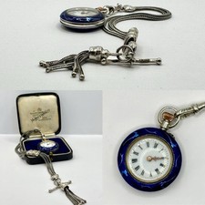 Sublime Swiss Enamelled Silver Petite Pocket Watch & Silver Albertina c.1935