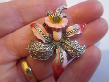 Vintage Pink Enamel Marcasite Oriental Lily Flower Brooch Pin