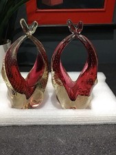 Red Hand Blown Murano Glass Pair of Small Baskets with Clear and Ruby. Stunning