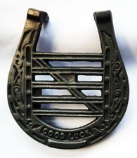 Antique Cast Iron Good Luck Horse Shoe & Horse Jumping / Hunting Fence Ornament