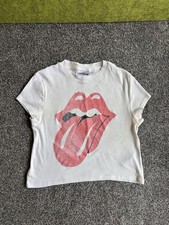 The Rolling Stones Women Crop Top White L Red Lips Logo Cotton vintage American