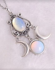 Pagan Gothic Wicca - Silver Triple Moon & Goddess Celtic Necklace - Opalite