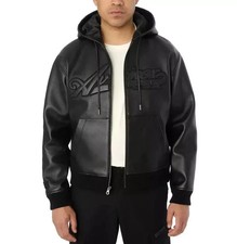 Men's Genuine Leather Avirex Hoodie Jacket USA Logo Classic Bomber Hooded Coat