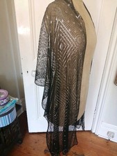 Vintage 1920s Assuit Shawl Silver Hammered Metal On Black Mesh
