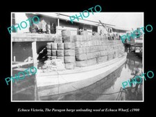 OLD LARGE HISTORIC PHOTO OF ECHUCA VICTORIA PARAGON BARGE LOADING WOOL c1910