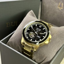 NEW✅AUTOMATIC✅ Bulova Marine Star Gold Tone Black Dial Skeleton Men Watch 97A174