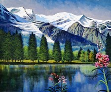 Vintage Oil Painting on Canvas Alpine Landscape Scene Mountains Lake