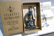 STUDENTS MICROSCOPE NO.1 + INSTRUCTIONS, BOX, SLIDES, TWEEZERS & BLADES