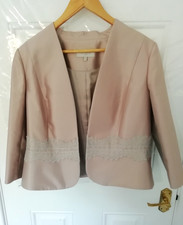Hobbs London 14 Bolero Jacket Blazer Lace Trim Open Occasion Lined Beige Oyster