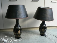PAIR  LAMPS Black Gold Oriental Shades Stunning Large