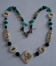 Unusual Scrimshaw Design Carved Inlayed RESIN Necklace 23 Inches Reversible