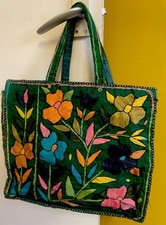 Emerald Green Silk Handbag Colorful Embroidered Floral Motifs, Guatemalan 