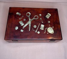 Vintage Lucite Tortoise Shell Sewing Box Embedded Notions Scissors Spools Button