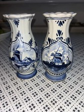 2 DELFT BLUE VASES -WINDMILL FLORAL  PATTERN- HAND PAINTED HOLLAND