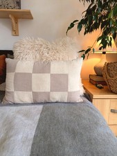 Handmade linen neutral cushion cover | Checker oblong rectangular boho decor 