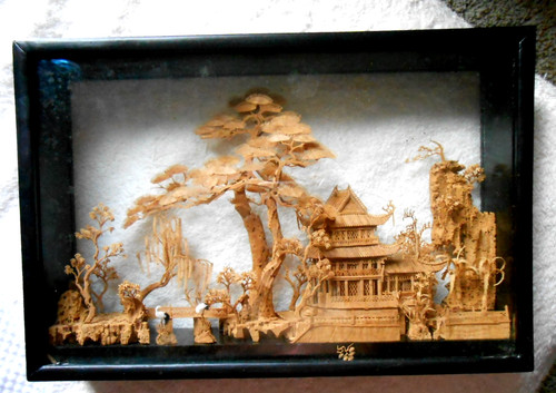 Asian art cork carving diorama - cork,