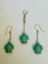 Vintage 9ct Gold Turquoise Turtle Earrings & Pendant Set