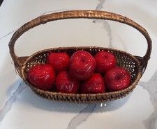 Vintage Hand-Painted Brown Basket with 8 Red Apples – Farmhouse Kitchen Decor 🍎