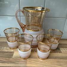 Vintage Retro Jug And 4 Glasses Lemonade Set Pink Gold Banded