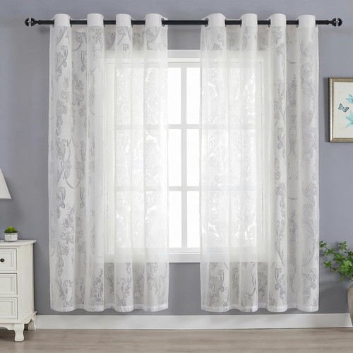 White floral jacquard voile - floral,