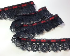 Black Gathered Lace Trim  Red Faux Ribbon Header 1.5"/4cm PER METRE