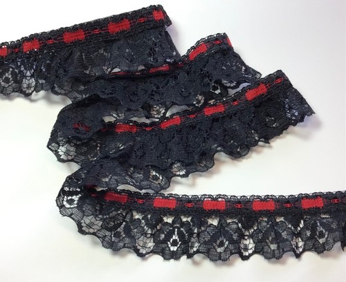 Black gathered lace trim - black, red