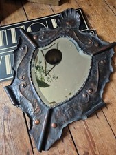 Antique Old HUGE Arts And Crafts Movement Copper Bevelled Shield Mirror 