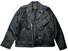 Real Leather Men's Black Police Biker Jacket Large Motorcycle Zip Up 