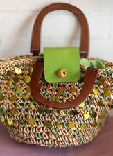 Seagrass beach bag with lime green lining, large gold coloured sequins. 13x15"