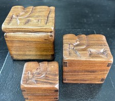 Unusual Vintage Set Of 3 Elephant Wooden Boxes Which Stack Inside Each Other