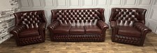 Chesterfield suite three seater sofa & 2 chairs in ox blood red leather 