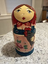 Authentic Handpainted Russian Nesting Dolls Blue with Daisies, Signed Set of 5